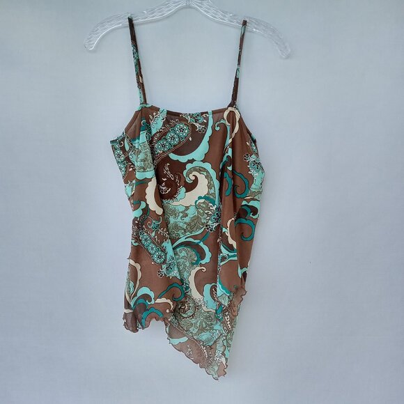 Y2K Hippie Whimsy Fairycore Asymmetrical Tank Top Teal and Brown Size M - Picture 3 of 4
